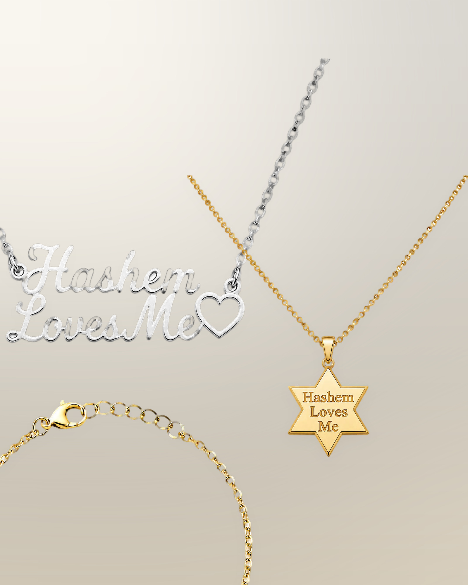 The Script Necklace in silver, the Star Pendant in gold, and the Bar Bracelet in gold, layered together on a bone background.